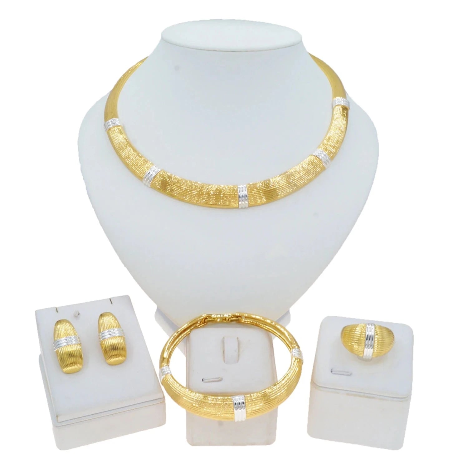 HV21100242 Elegant Factory Jewelry Dubai Gold High Quality African Jewelry Set For Women Gold With Silver Plated Necklace Earrings Bangle