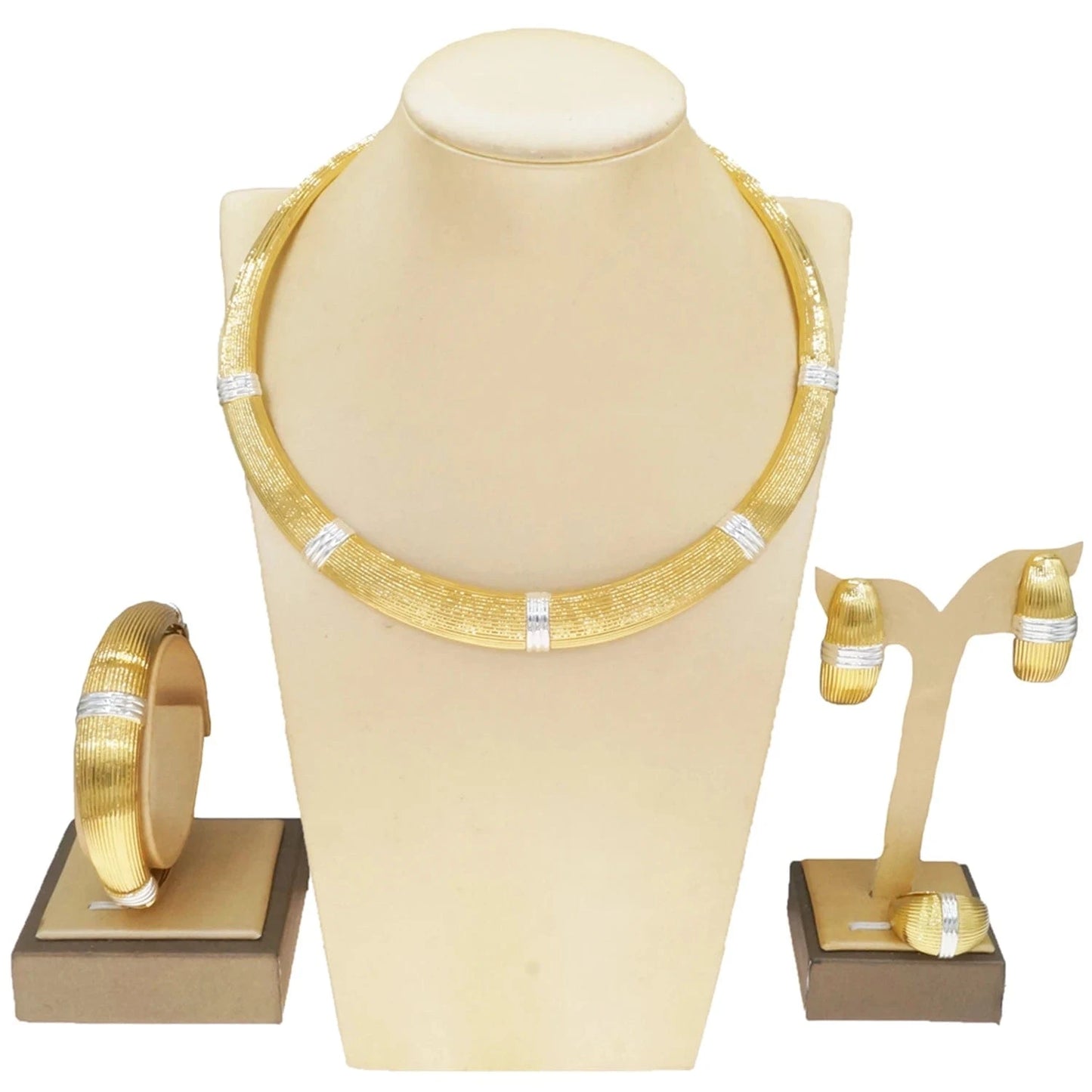 HV21100242 Elegant Factory Jewelry Dubai Gold High Quality African Jewelry Set For Women Gold With Silver Plated Necklace Earrings Bangle