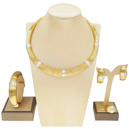 HV21100242 Elegant Factory Jewelry Dubai Gold High Quality African Jewelry Set For Women Gold With Silver Plated Necklace Earrings Bangle