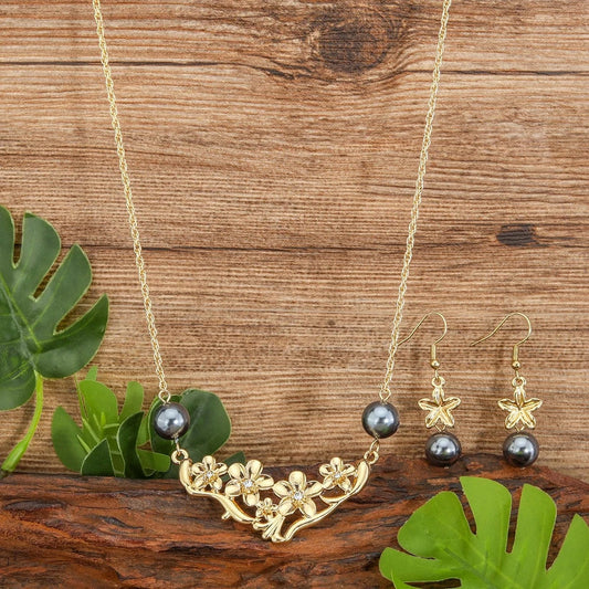 HWNX1030 Hawaiian new fashion jewelry gold plating pearl zinc alloy flower women necklace set