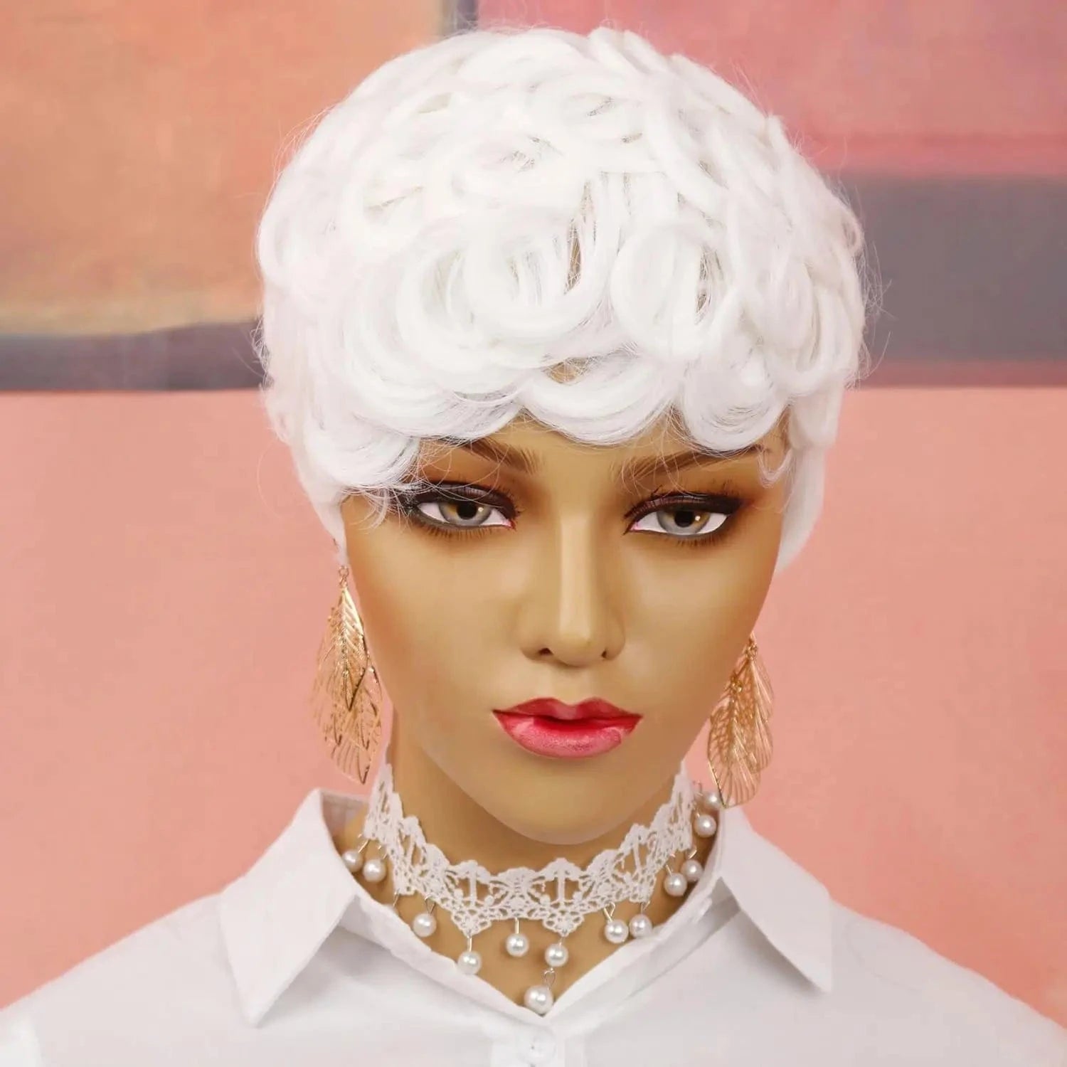 HY-843-60 / 1pc / 6inches Pixie Cut Wigs for Black Women Short Pixie Curly Wig with Bangs White Fluffy Short Wigs for Black Women White Short Curly Wigs S