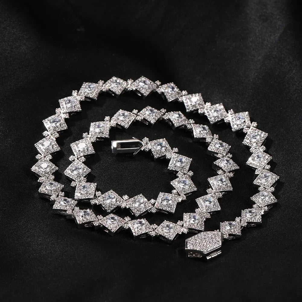 Iced Out 12MM Square Clustered Tennis Chain Necklace Hip Hop Jewelry Rhombus Shape Brass Zircons Necklace