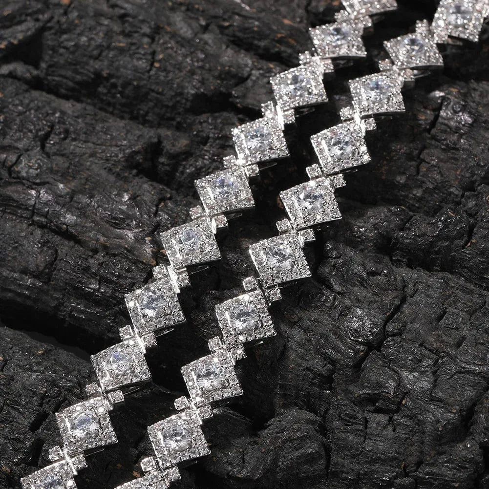 Iced Out 12MM Square Clustered Tennis Chain Necklace Hip Hop Jewelry Rhombus Shape Brass Zircons Necklace