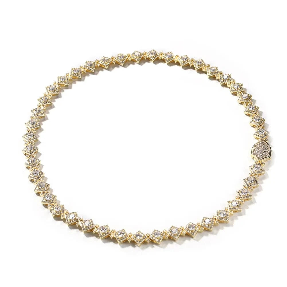 Iced Out 12MM Square Clustered Tennis Chain Necklace Hip Hop Jewelry Rhombus Shape Brass Zircons Necklace
