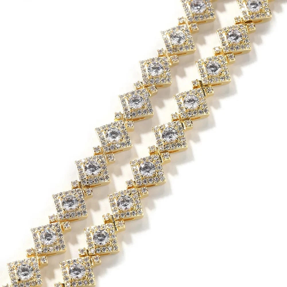 Iced Out 12MM Square Clustered Tennis Chain Necklace Hip Hop Jewelry Rhombus Shape Brass Zircons Necklace