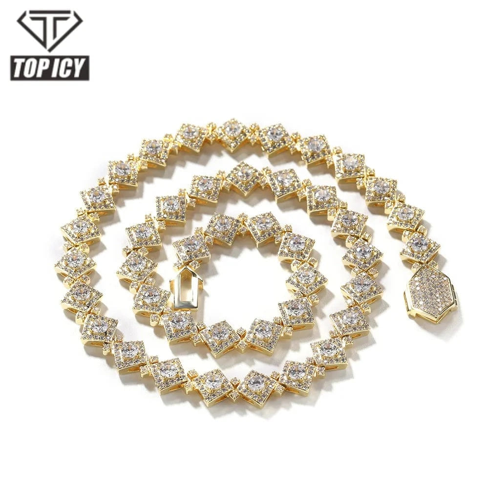 Iced Out 12MM Square Clustered Tennis Chain Necklace Hip Hop Jewelry Rhombus Shape Brass Zircons Necklace