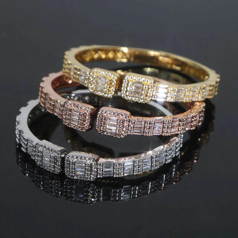 Iced Out Bling 2024 New Women Hip Hop Jewelry Open Adjustable Rectangle Square Cluster CZ Bangle