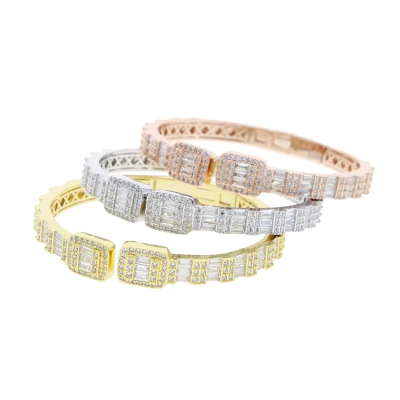 Iced Out Bling 2024 New Women Hip Hop Jewelry Open Adjustable Rectangle Square Cluster CZ Bangle