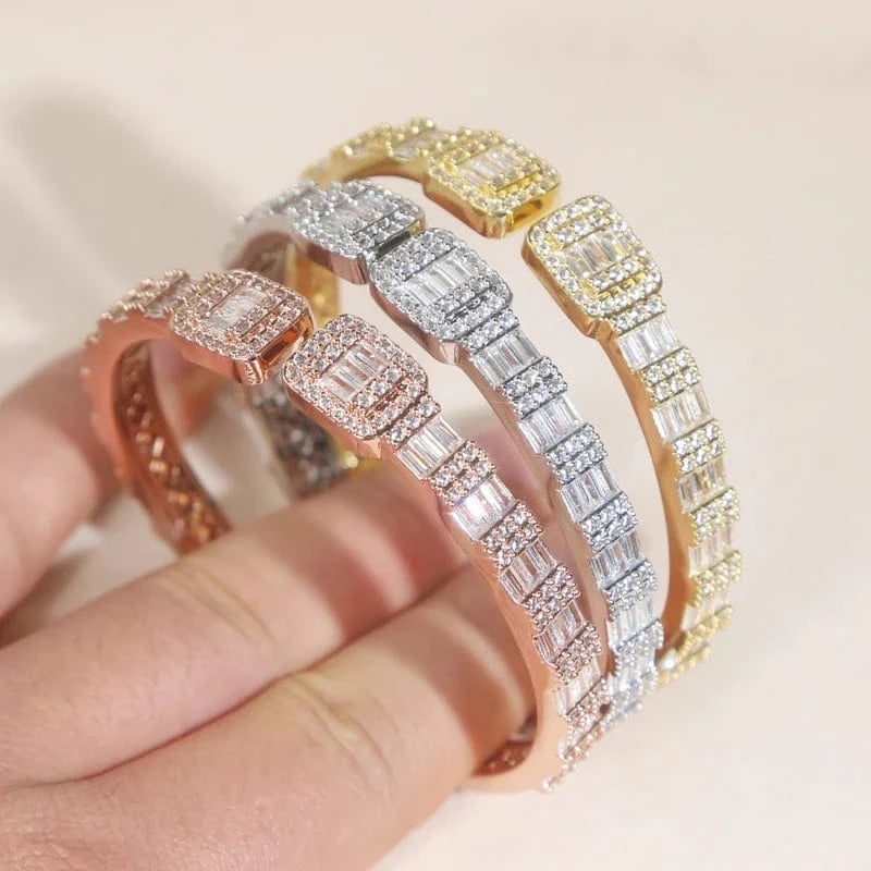 Iced Out Bling 2024 New Women Hip Hop Jewelry Open Adjustable Rectangle Square Cluster CZ Bangle