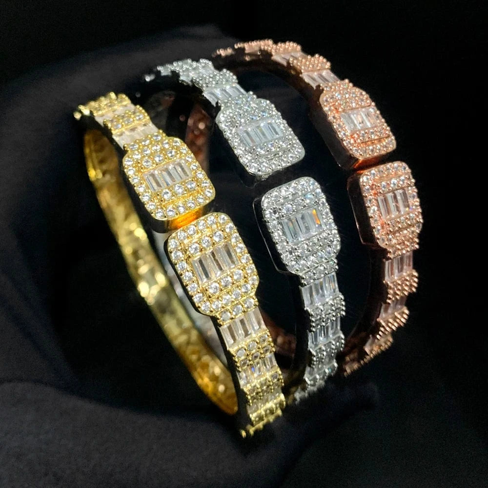 Iced Out Bling 2024 New Women Hip Hop Jewelry Open Adjustable Rectangle Square Cluster CZ Bangle