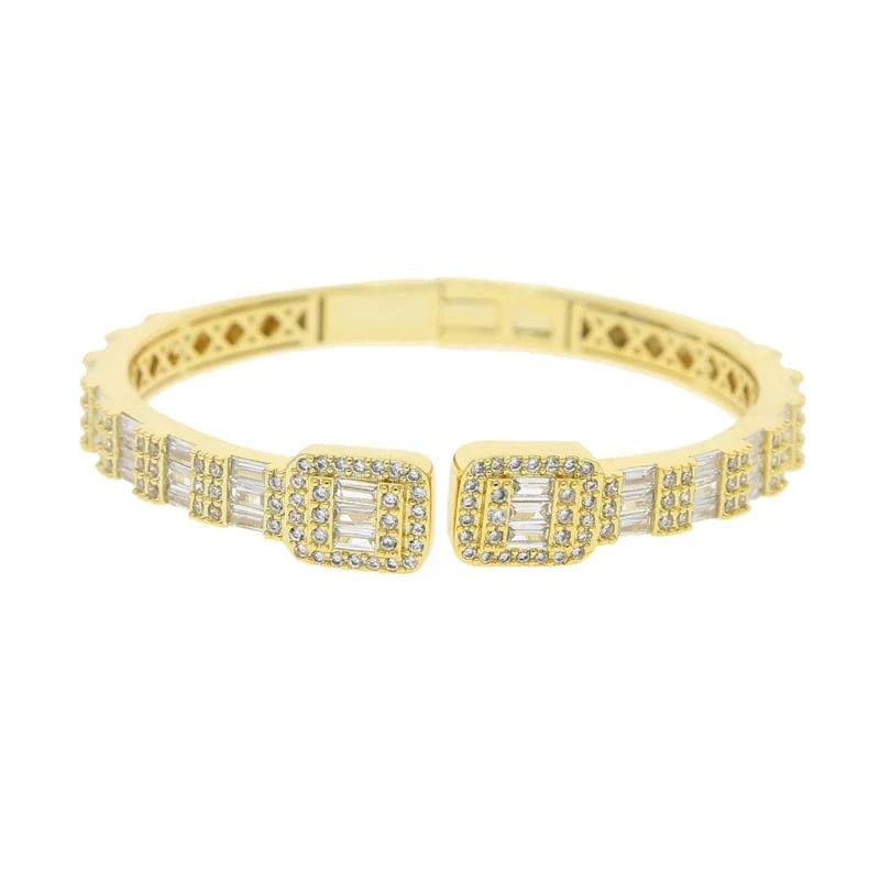 Iced Out Bling 2024 New Women Hip Hop Jewelry Open Adjustable Rectangle Square Cluster CZ Bangle