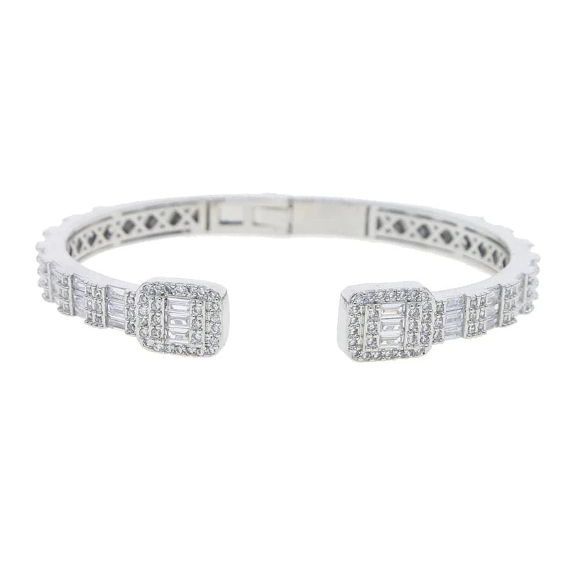 Iced Out Bling 2024 New Women Hip Hop Jewelry Open Adjustable Rectangle Square Cluster CZ Bangle