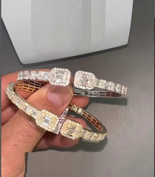 Iced Out Bling 2024 New Women Hip Hop Jewelry Open Adjustable Rectangle Square Cluster CZ Bangle