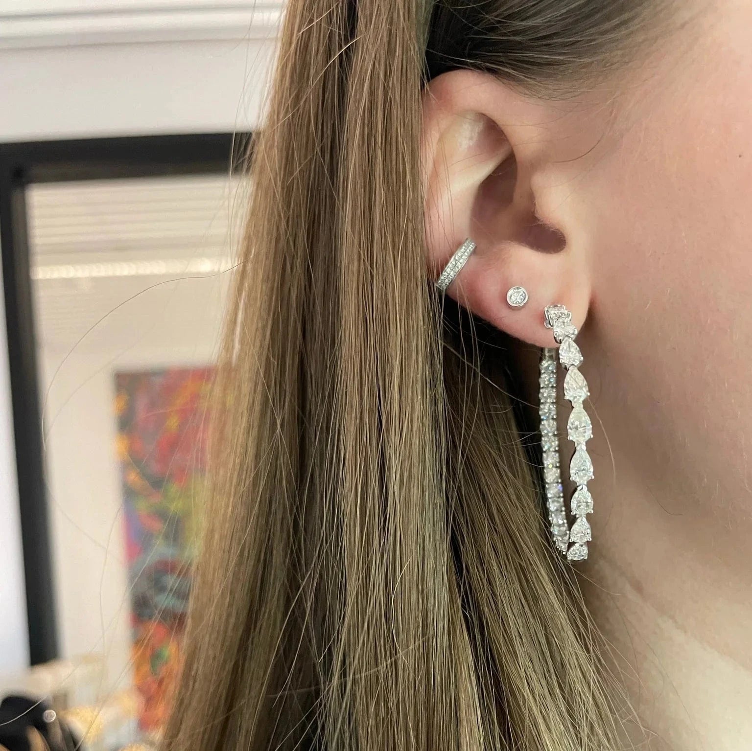 Iced Out Bling Cubic Zirconia Trendy 45mm Women Jewelry Micro Pave CZ Half Water Drop Diamond Big Circle Huggie Hoop Earring