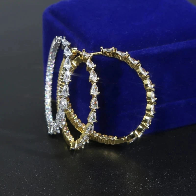 Iced Out Bling Cubic Zirconia Trendy 45mm Women Jewelry Micro Pave CZ Half Water Drop Diamond Big Circle Huggie Hoop Earring