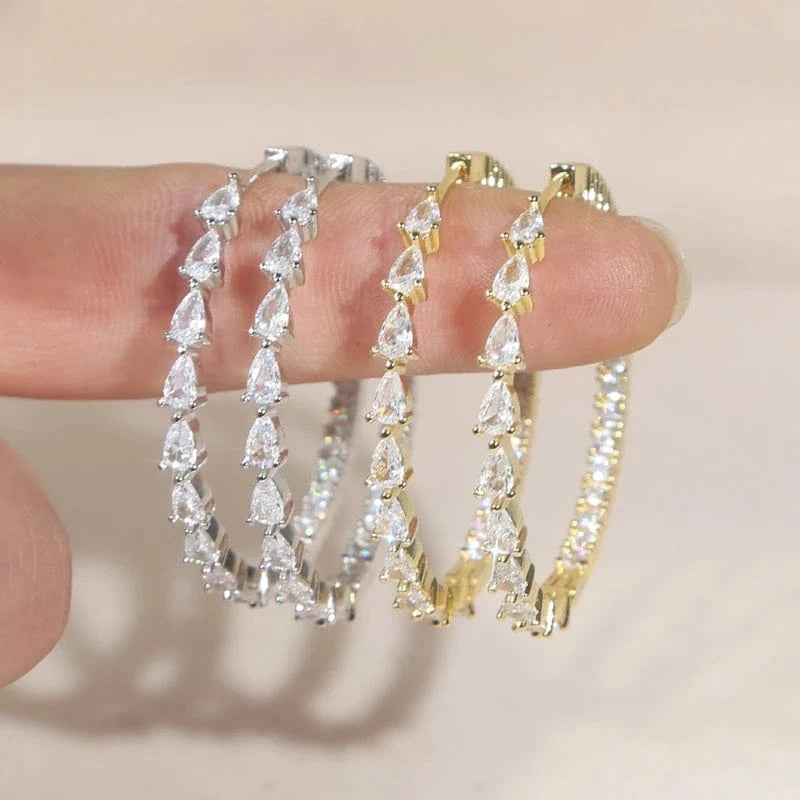 Iced Out Bling Cubic Zirconia Trendy 45mm Women Jewelry Micro Pave CZ Half Water Drop Diamond Big Circle Huggie Hoop Earring