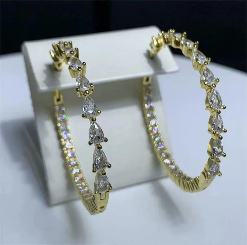Iced Out Bling Cubic Zirconia Trendy 45mm Women Jewelry Micro Pave CZ Half Water Drop Diamond Big Circle Huggie Hoop Earring