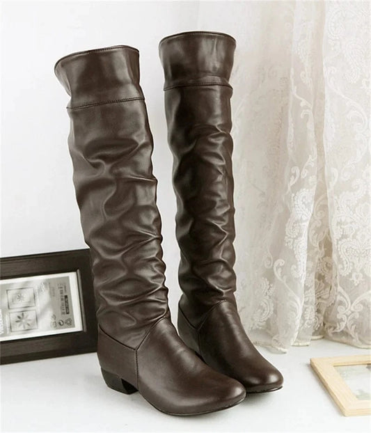 IDOIT Fashion Pleated Pants Ankle Boots Chunky Heels Flat Shoes Women Thick Sole Overlay Mid Calf Boots