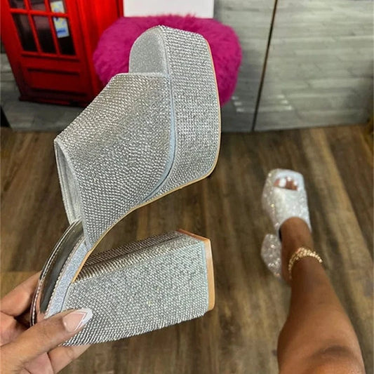 IDOIT Hot Selling Square Toe Silver Rhinestone Open Toe Block High Heels Women Shoes High Heels
