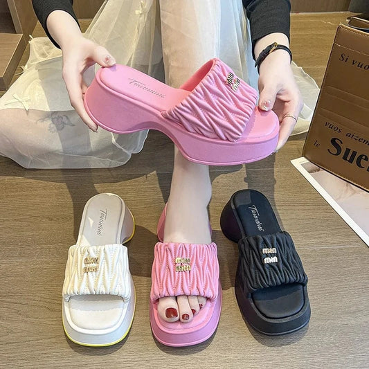 IDOIT Pink Summer New Brand Women Slipper Fashion Pleated Slip On Sandal Platform Heel Outdoor Casual Beach Slides