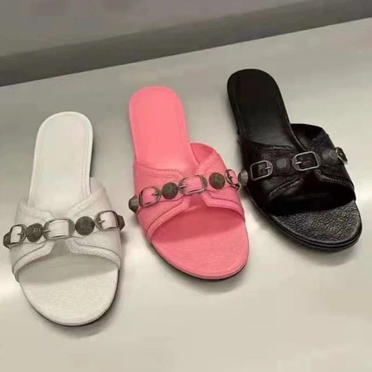 IDOIT Spring Women High Heels Shoes Sexy Ladies Flat Toe Open Toe Slipper Gothic Wind Rivet Low Heels Luxury Designer Sandals