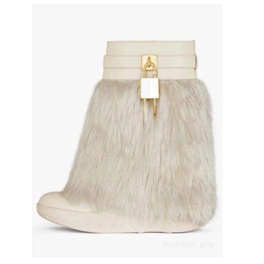 IDOIT Winter Fur Thick Sole Women's Short Boots Lock Overlay Ankle Booties Round Toe Flat Bottom Wedge Heels Shoes