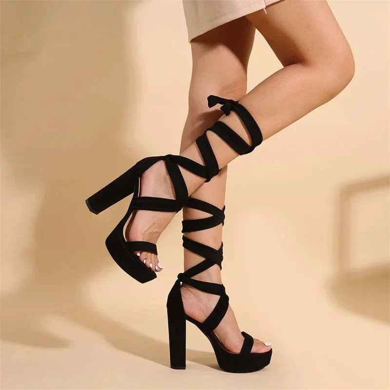 IDOIT Women's Lace Up High Heel Sandals Comfy Platform Open Toe Strappy Pumps Cross Strap Block High Heeled Sandals