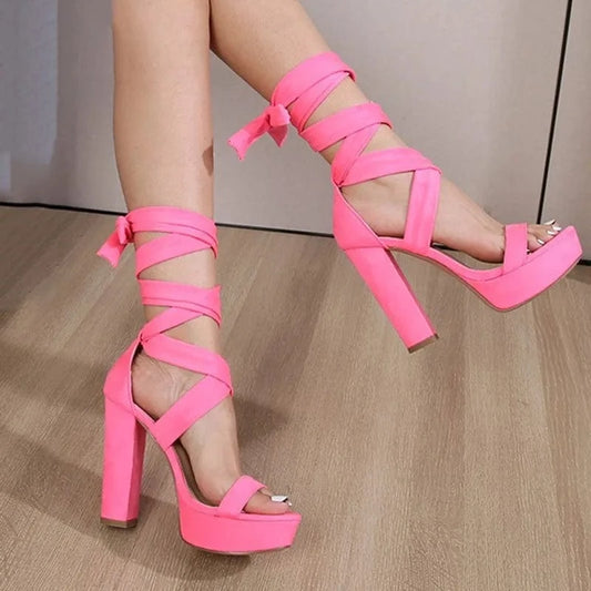 IDOIT Women's Lace Up High Heel Sandals Comfy Platform Open Toe Strappy Pumps Cross Strap Block High Heeled Sandals