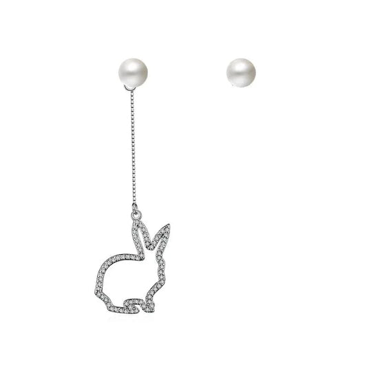 Imitation pearl New Fashion Rabbit Asymmetric Zircon Earrings Long Tasseled Earrings for Women Girls