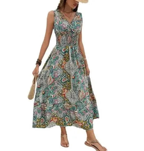 In stock 2024 Women's summer New fashion V-neck Sleeveless High waist sleeveless Bohemian Women's dress