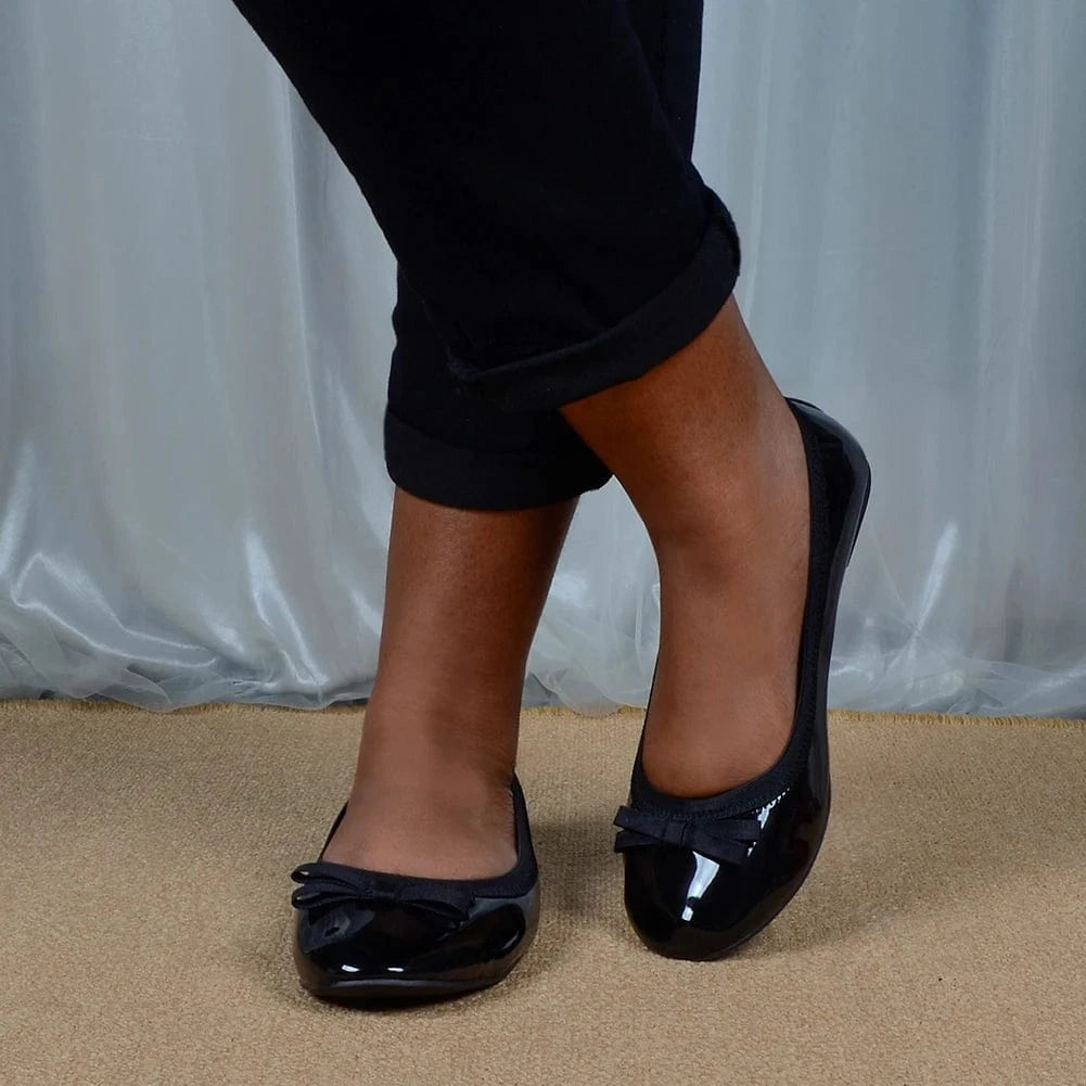 In-stock patent leather ribbon bows Elastic edge strap foldable ballet doll women flats shoes ballerina for ladies