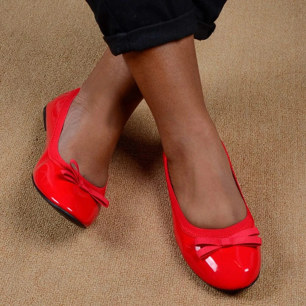 In-stock patent leather ribbon bows Elastic edge strap foldable ballet doll women flats shoes ballerina for ladies