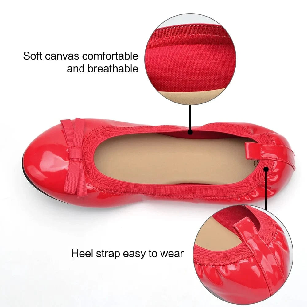 In-stock patent leather ribbon bows Elastic edge strap foldable ballet doll women flats shoes ballerina for ladies