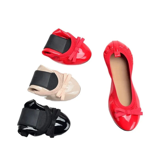 In-stock patent leather ribbon bows Elastic edge strap foldable ballet doll women flats shoes ballerina for ladies