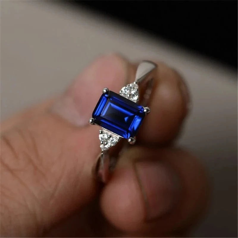 INS Hot Sale Colorful Light Dark Bule Square Gem Stone Engagement Rings Rhinestone Rings Jewelry Women