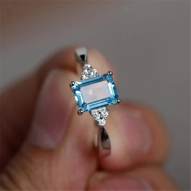 INS Hot Sale Colorful Light Dark Bule Square Gem Stone Engagement Rings Rhinestone Rings Jewelry Women