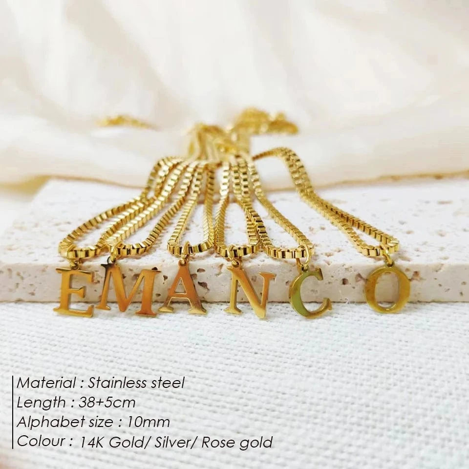 INS Stainless Steel 14K Gold PVD Plated Box Chain 10MM Letter Alphabet Initial Personalized Name Necklace Jewelry For Women