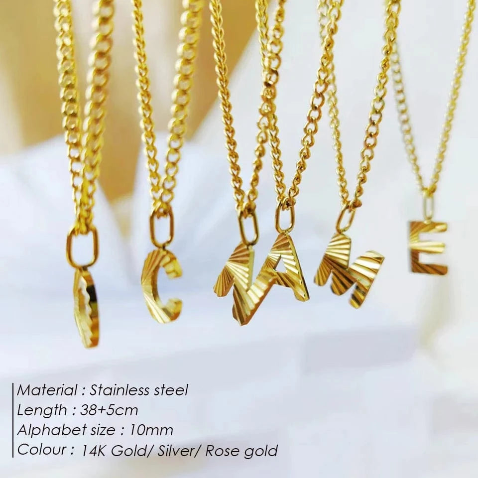 INS Stainless Steel 14K Gold PVD Plated Laser Pattern Letter Alphabet Initial Personalized Name Necklace Jewelry For Women