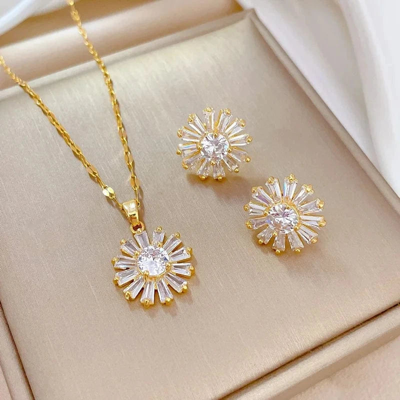 Ins Stainless Steel Heart Simple Necklace Earring Jewelry Set Sunflower Necklace Earrings Fashion Jewelry Set For Women