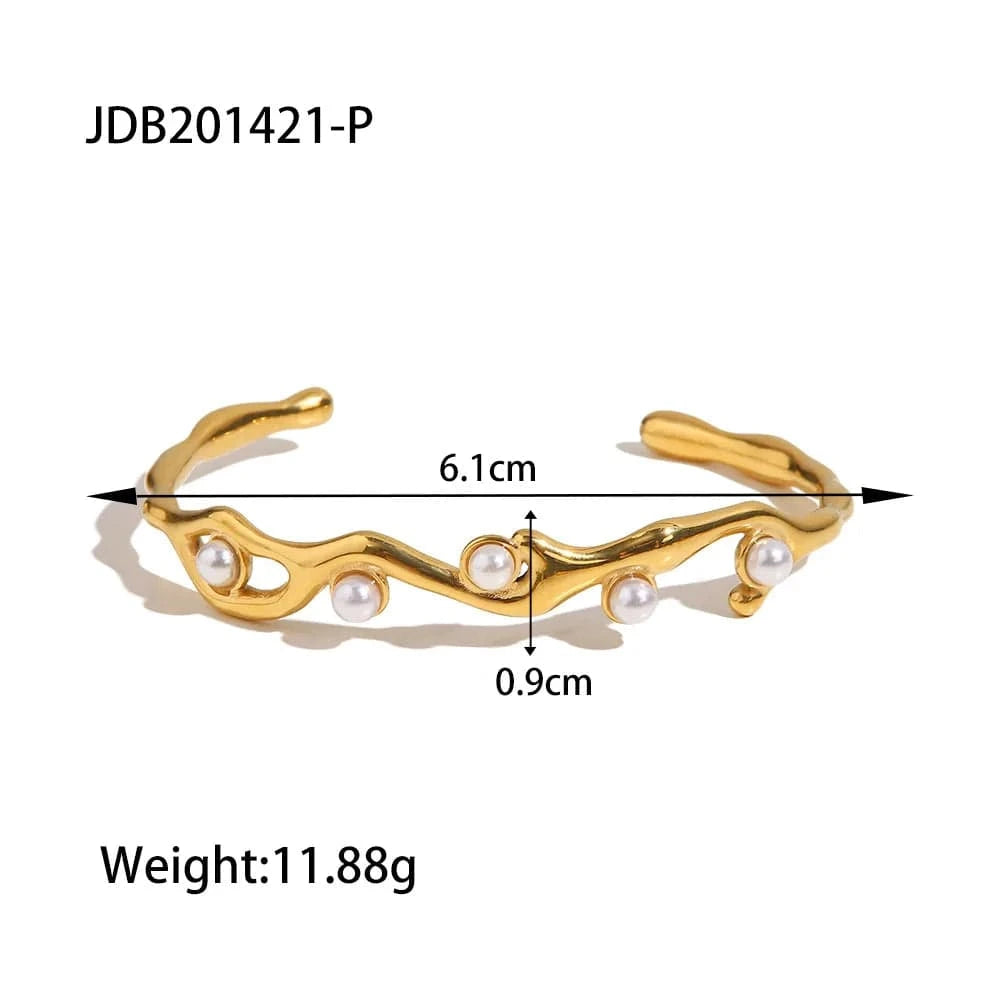 Ins Style / Gold 1 New 18K Gold Plated Stainless Steel Irregular Jewelry Party Gift Nature Stone Pearl Opening Bracelet