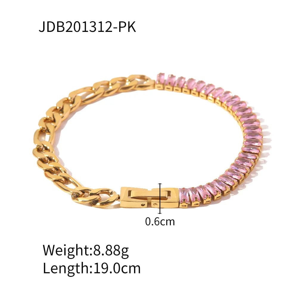 Ins Style / Gold Bracelet New Style Stainless Steel 18K Gold Plated Jewelry Pink Full Cubic Zirconia Figaro Chian Bracelet Necklace