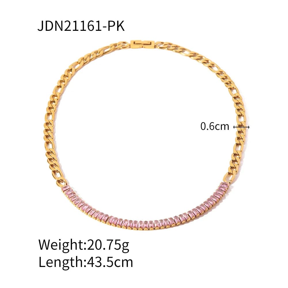 Ins Style / Gold Necklace New Style Stainless Steel 18K Gold Plated Jewelry Pink Full Cubic Zirconia Figaro Chian Bracelet Necklace