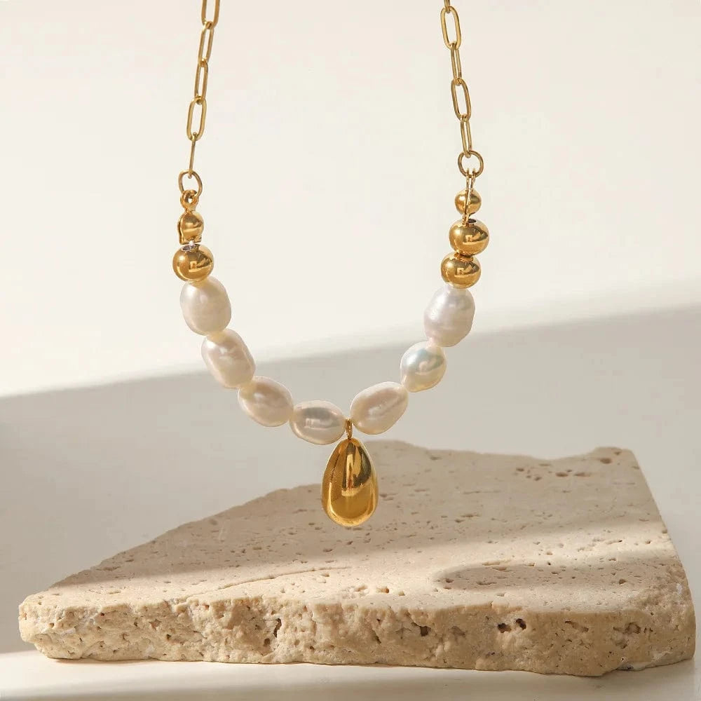 Ins Style / Gold New Arrival 18K Gold Plated Pearl Jewelry Stainless Steel Gold Waterdrop Bead Pearl Necklace