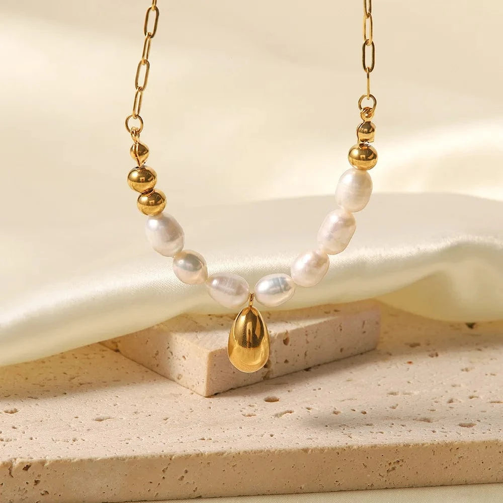 Ins Style / Gold New Arrival 18K Gold Plated Pearl Jewelry Stainless Steel Gold Waterdrop Bead Pearl Necklace