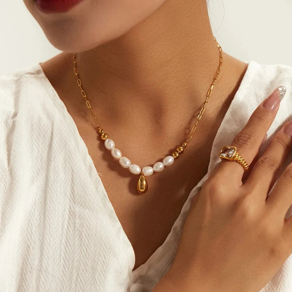 Ins Style / Gold New Arrival 18K Gold Plated Pearl Jewelry Stainless Steel Gold Waterdrop Bead Pearl Necklace