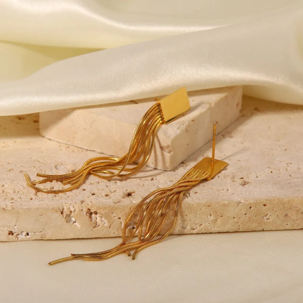 Ins Style / Gold New Waterproof Stainless Steel 18K Gold Plated Jewelry Rectangle Shape Long Tassel Pendant Earrings