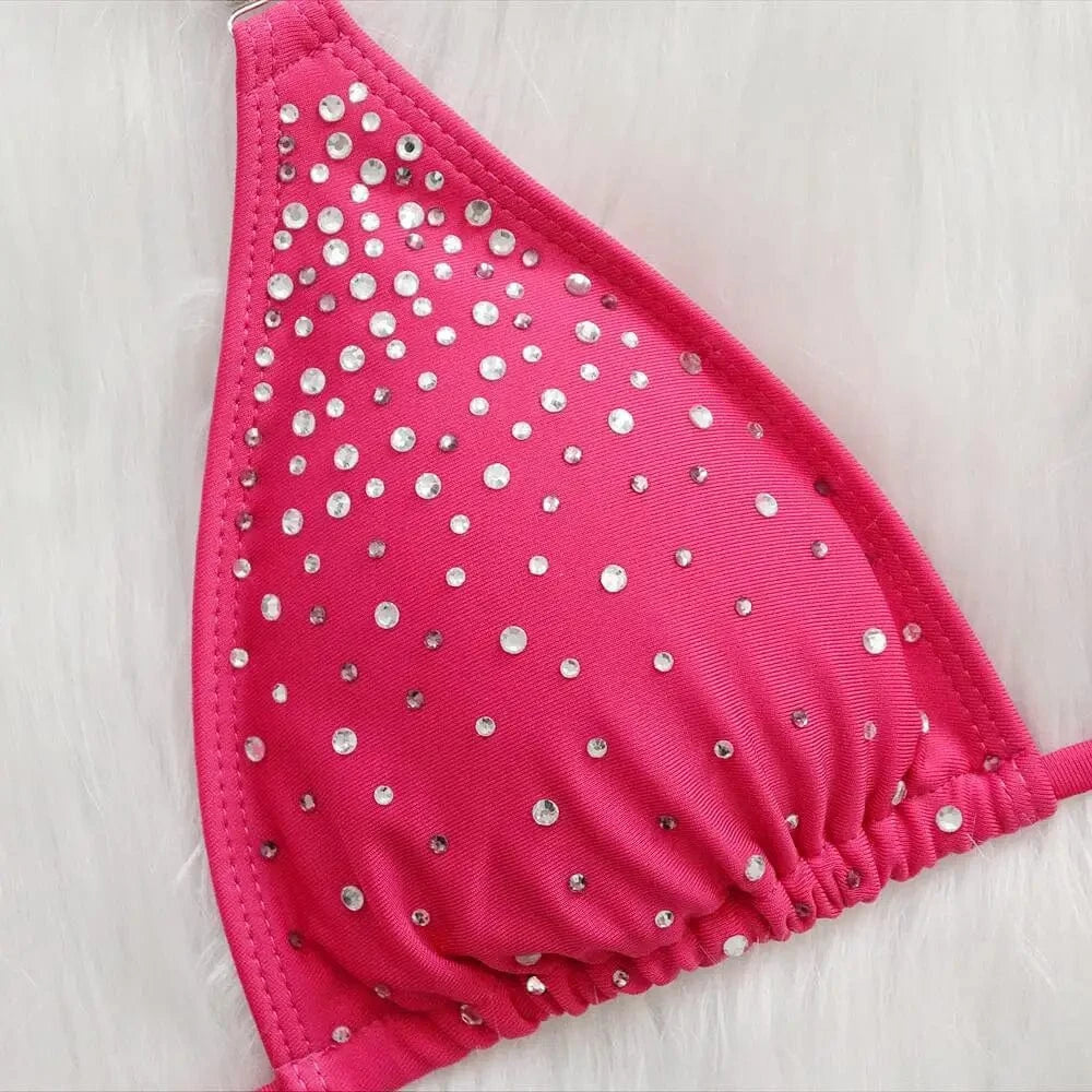 ins Tiktok Summer Fashion Sexy Girl Luxury Swimwear Diamond Metallic Halter Top Swimsuit Tie Side Triangle Bikini Straps 2024