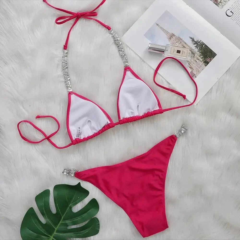 ins Tiktok Summer Fashion Sexy Girl Luxury Swimwear Diamond Metallic Halter Top Swimsuit Tie Side Triangle Bikini Straps 2024