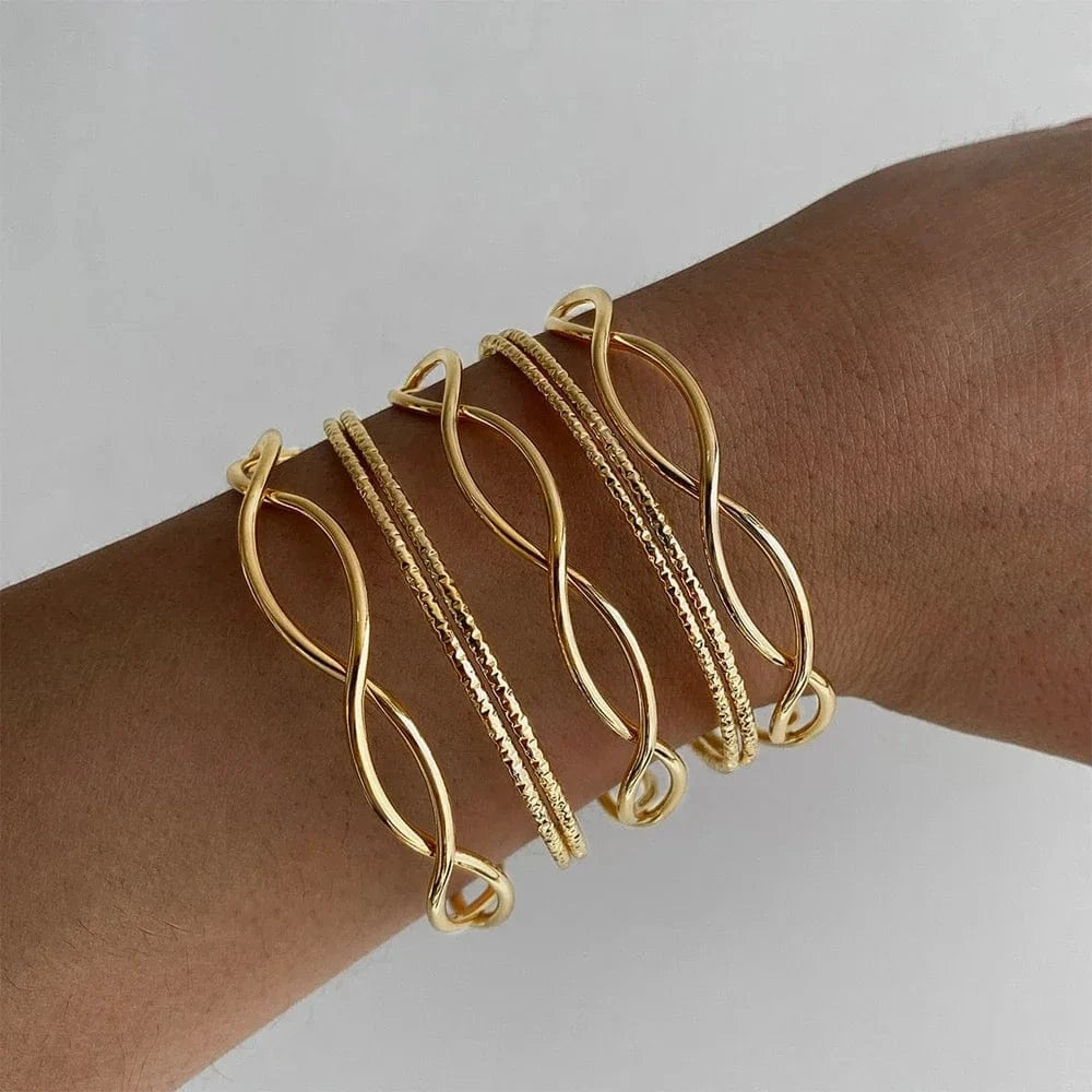 IPA370-18035 Ladies Women Fashion Jewelry Gold Expandable Inspired Designer Bangle Stackable Cable Wire Open Cuff Bangle Bracelet Set