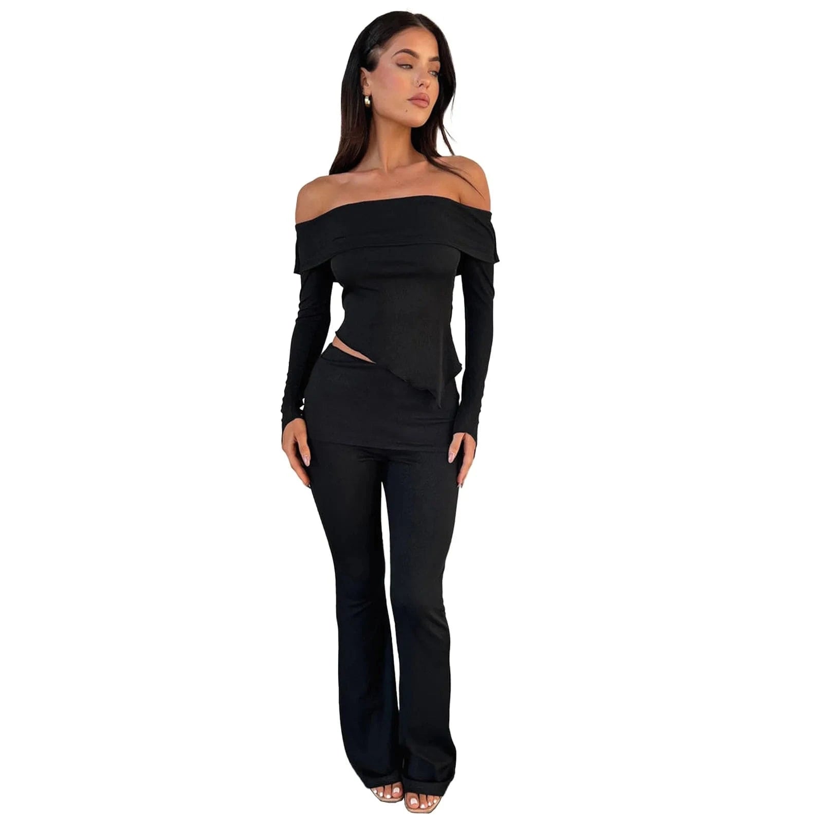 Irregular One Shoulder Flap Over Flared Pants Women 2 Piece Set Spring For 2024 Lounge wear women sets custom logo
